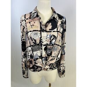 MILK & HONEY Long Sleeve Blouse 90s Hat Lady’s Print Ruched Waist Rayon Women M